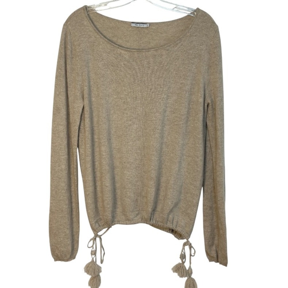 Sea Bleu Sweater 100% Cashmere Long Sleeve Drawstring‎ Hem w/ Tassel Beige SZ L